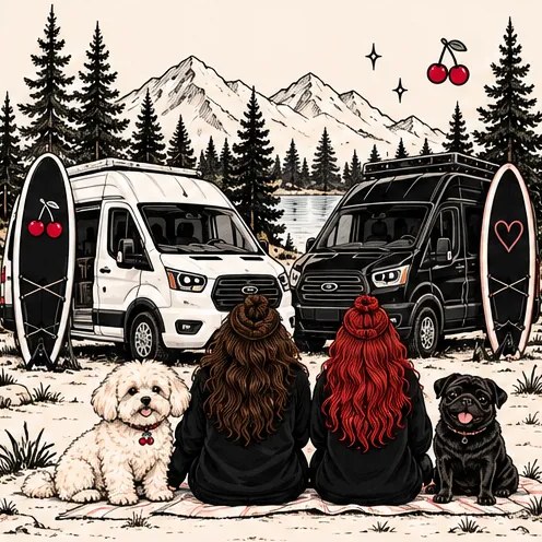 Two vans, two friends and two tiny dogs (illustration)